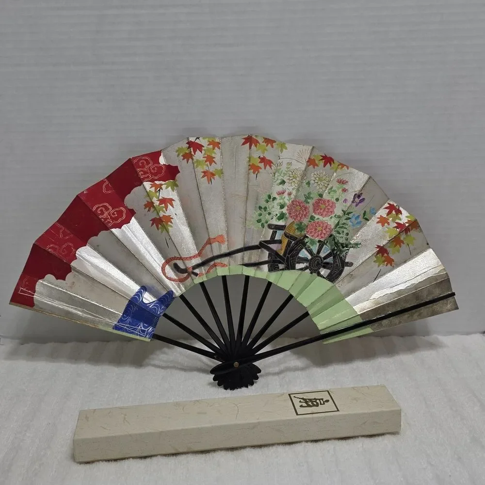 Vintage Oriental Folding Fan Floral Cart Design 19 1/2